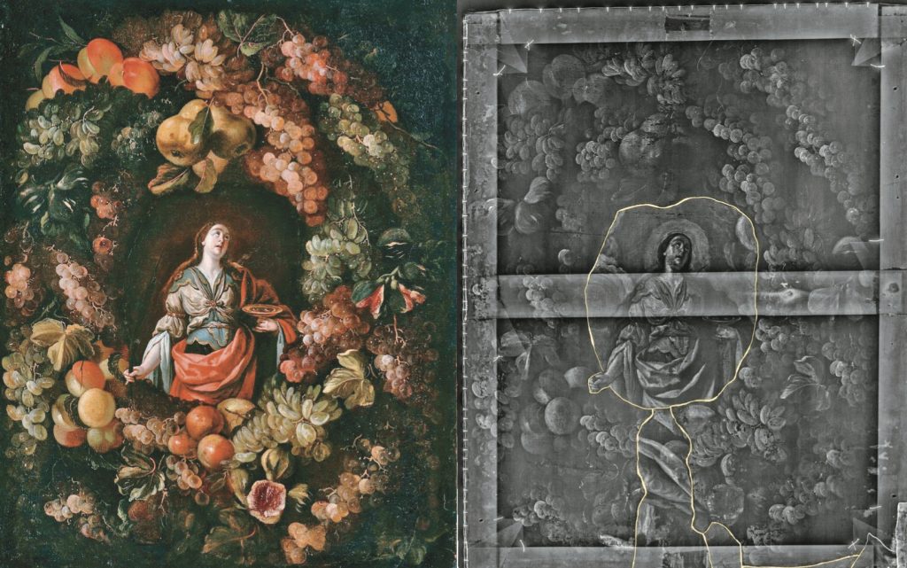 作品〈果實環串中的聖露西〉看起來像是「一幅」作品，但科學檢測發現，中間的人物與環串果實靜物是來自不同畫布。圖／奇美博物館